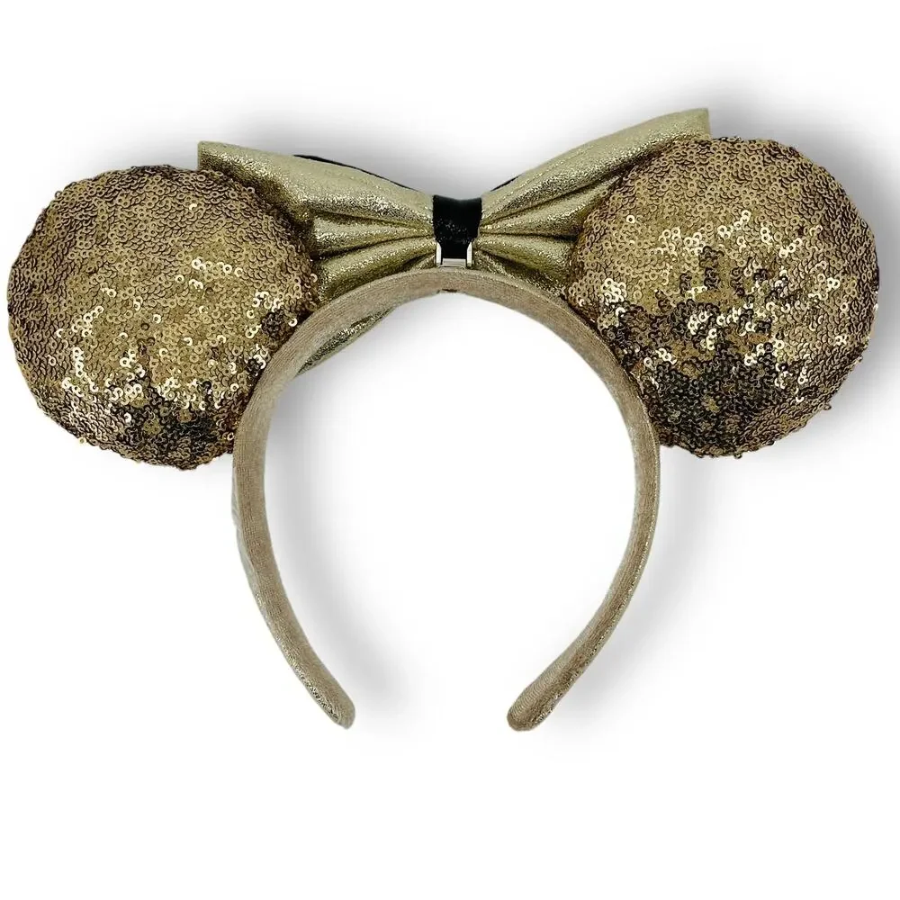 Disney Minnie Mickey Mouse 90th Birthday Sequin Bow Ears Headband Gold Black